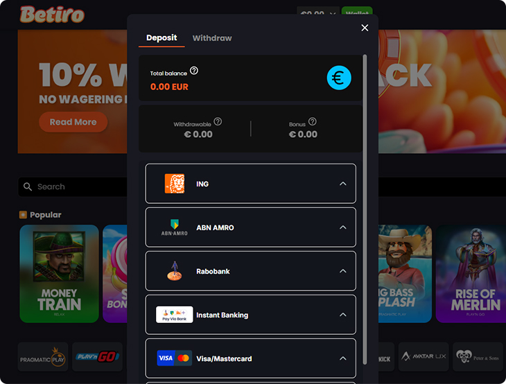 Betiro Casino stortingsmethoden