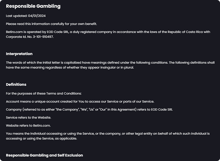 Betiro Casino verantwoord gokken