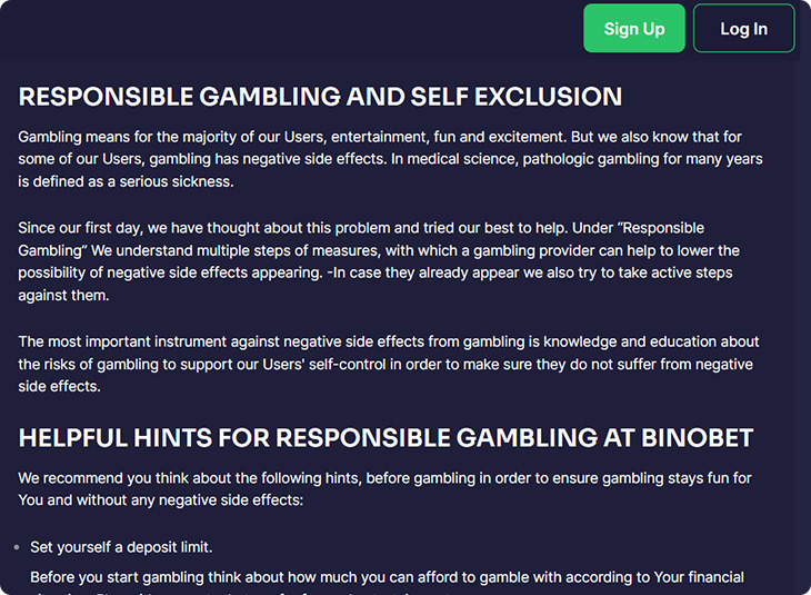 Binobet Casino verantwoord gokken