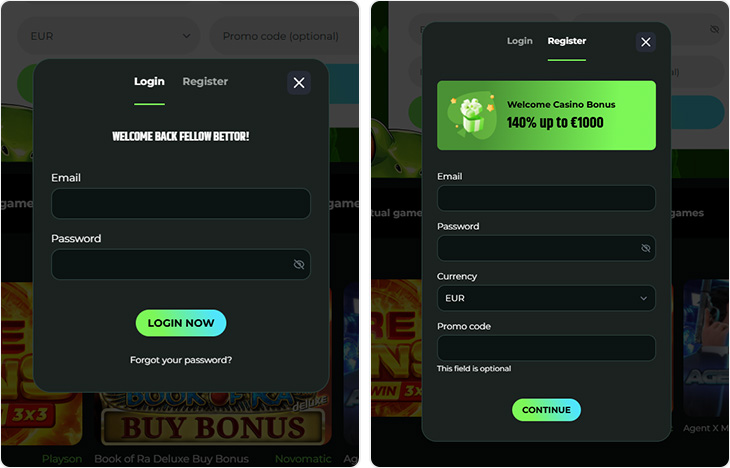 Froggybet Casino inloggen en registratie
