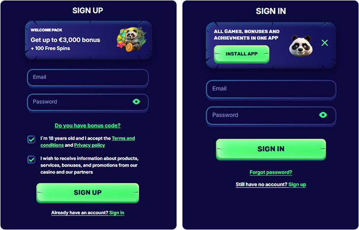SpinPanda Casino inloggen en registratie