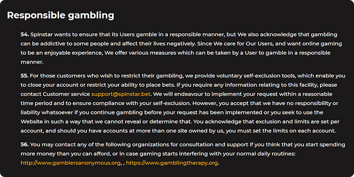 SpinStar Casino verantwoord gokken