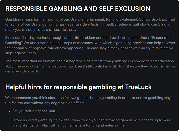 TrueLuck Casino verantwoord gokken