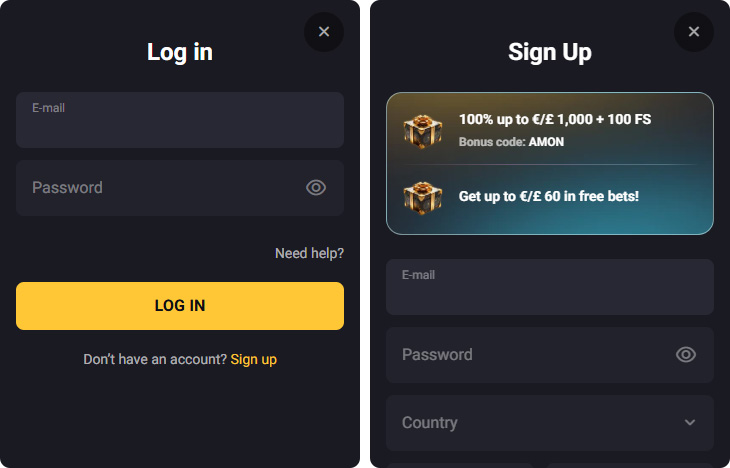 AmonBet Casino Inloggen en Registratie