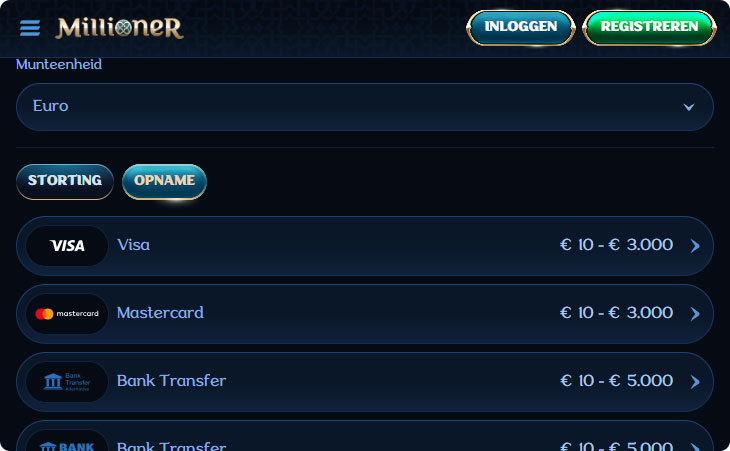 Millioner Casino Opnamemethoden