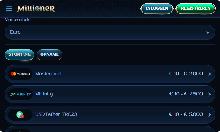 Millioner Casino Stortingsmethoden