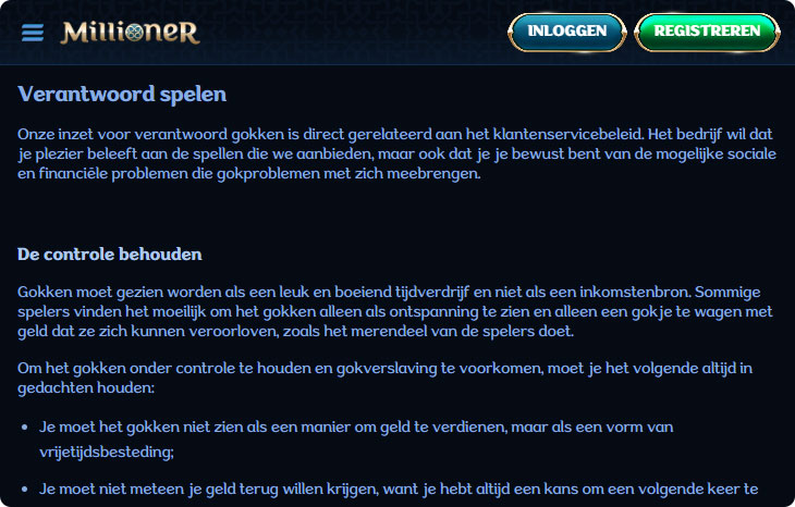 Millioner Casino Verantwoord Spelen