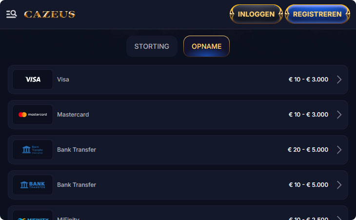 Cazeus Casino Opnamemethoden