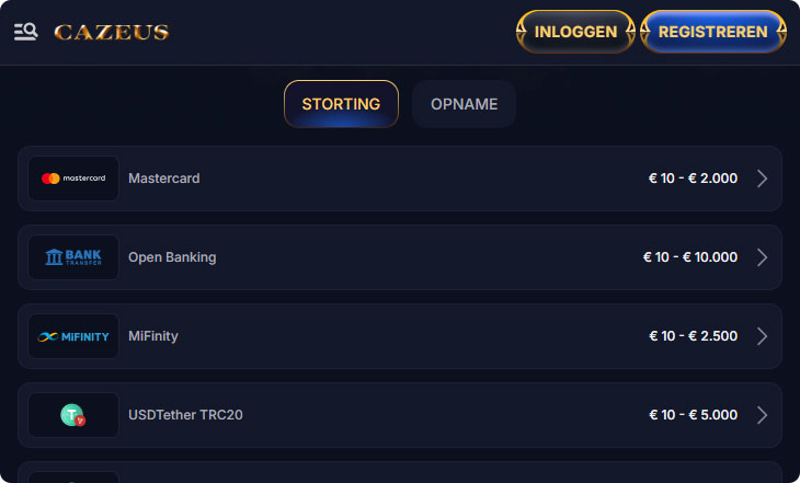Cazeus Casino Stortingsmethoden