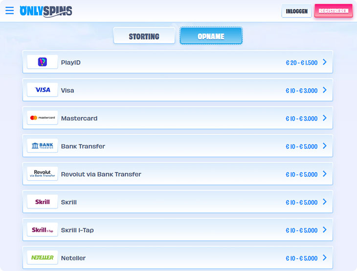 OnlySpins Casino Opnamemethoden