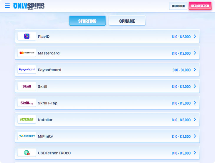 OnlySpins Casino Stortingsmethoden