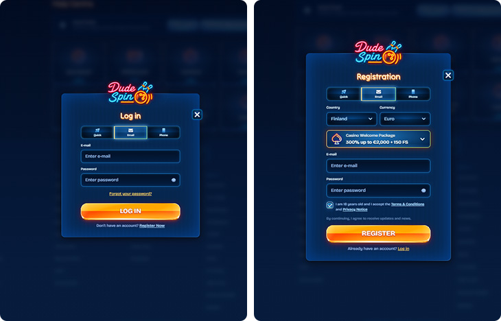 DudeSpin Inloggen en Registratie