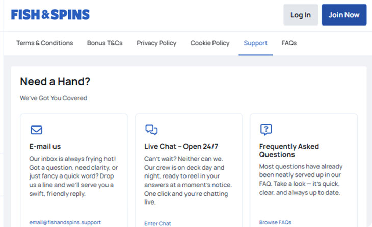 Fish and Spins Casino Support