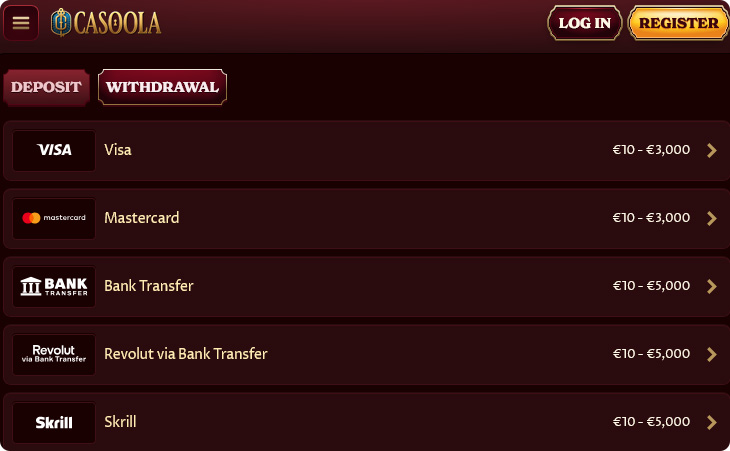 Casoola Casino Opnamemethoden