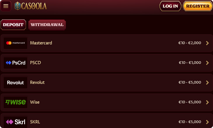 Casoola Casino Stortingsmethoden